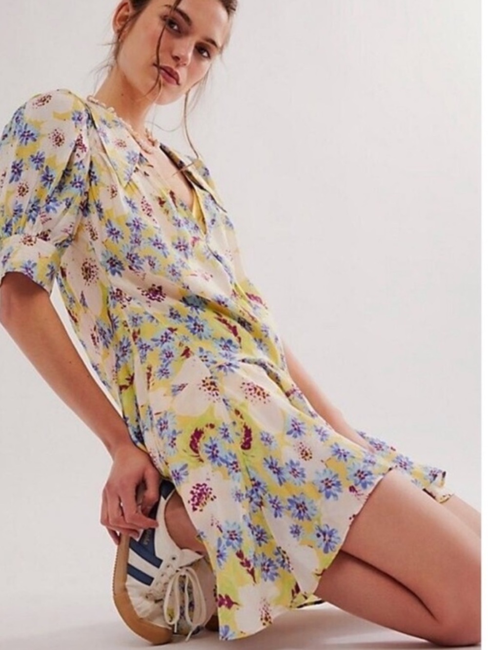 NWT Free People Sugar Crush Floral Mini Dress in Lemon Combo Size Medium